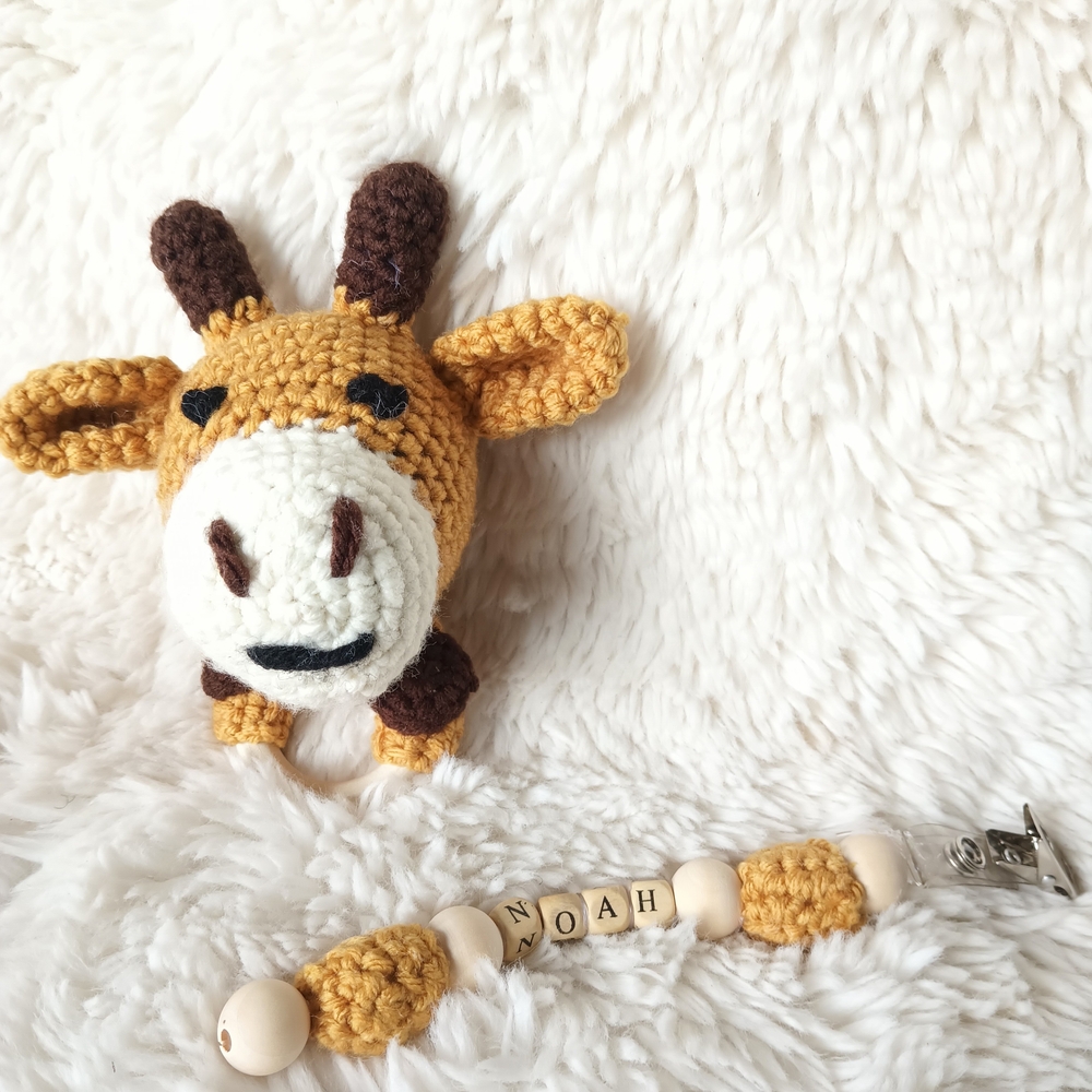 Handmade Giraffe Crochet Toy And Pacifier Clip- Brown and Cream